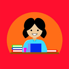 Illustration of woman playing computer at desk
