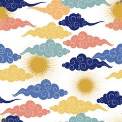 Tibetan or chinese seamless pattern in ancient style.Traditional oriental ornament.Clouds floating in the sky.