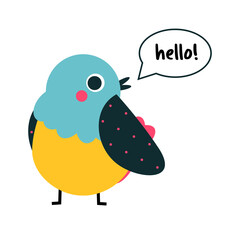Cute bird saying hello. Funny cartoon bird illustration