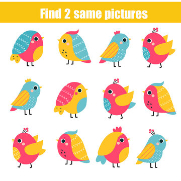 Children educational game. Find two same pictures of cute birds