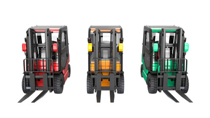 3D rendering of a group of forklift trucks in different colors on a white background