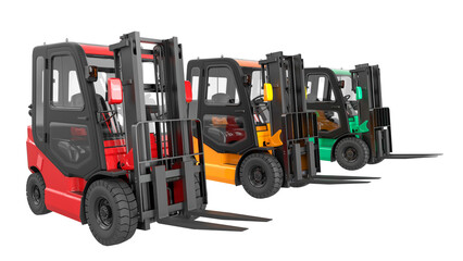 3D rendering of a group of forklift trucks in different colors on a white background