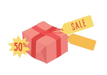 A box with a surprise, a gift tied with a ribbon. Badge sale. The logo for the design of the sale. Hand-drawn icons, vector isolated colorful element.