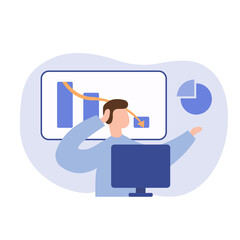 Fototapeta na wymiar Businessman sitting in office and analyzing data on his laptop. Crisis. Data science, scientific research, workflow concept. Business charts and diagrams. Flat cartoon vector illustration
