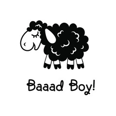 A funny black sheep, Text: baaaad boy, a flat lamb illustration
