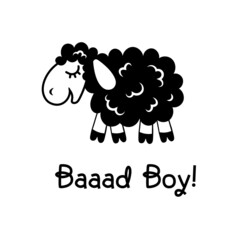 A funny black sheep, Text: baaaad boy, a flat lamb illustration