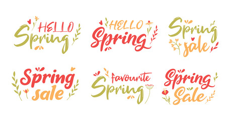Vector inscriptions. Hello spring, spring sale, beloved spring. Vector isolated elements. Summer and spring flowers and leaves, twigs. Red and green lettering