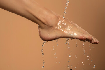 Close up of a female wet foot with water gliding over it on a beige background