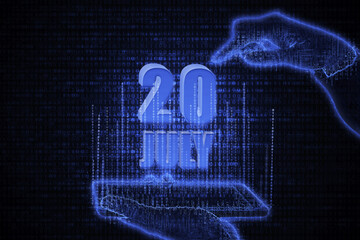 July 20th. A hand holding a phone with a calendar date on a futuristic neon blue background. Day 20 of month.