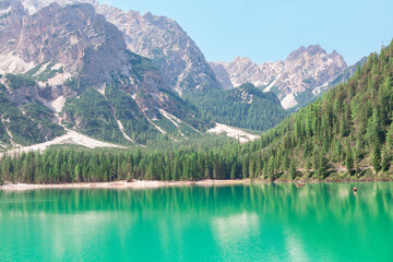 Fototapeta na wymiar Lago di Braies lake in Italy . Idyllic scenery with lake in European Alps 