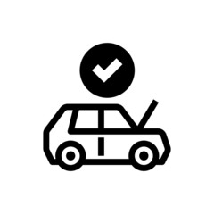 Car inspection thin line icon: car with open hood and check mark above. Vector illustration for car service.