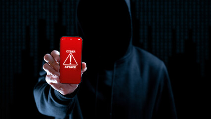 Cyber attack hacker smartphone. Internet web hack technology. Digital mobile phone in hacker man hand isolated on black. Data protection, secured internet access, cybersecurity banner.