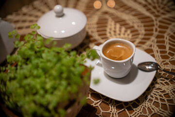 romantic wooden coffee table. Restaurant interior and holiday home decor concept. Toned picture