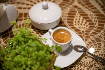 romantic wooden coffee table. Restaurant interior and holiday home decor concept. Toned picture