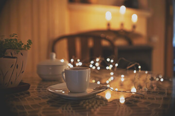 romantic wooden coffee table. Restaurant interior and holiday home decor concept. Toned picture