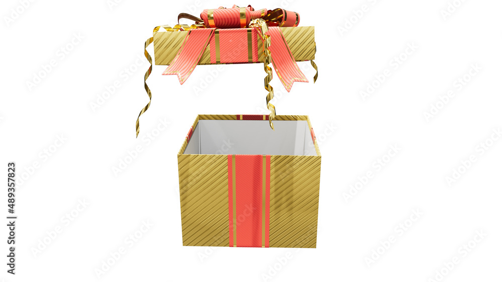 Poster opened goldish - red gift box on white backdrop, isolated - object 3d rendering