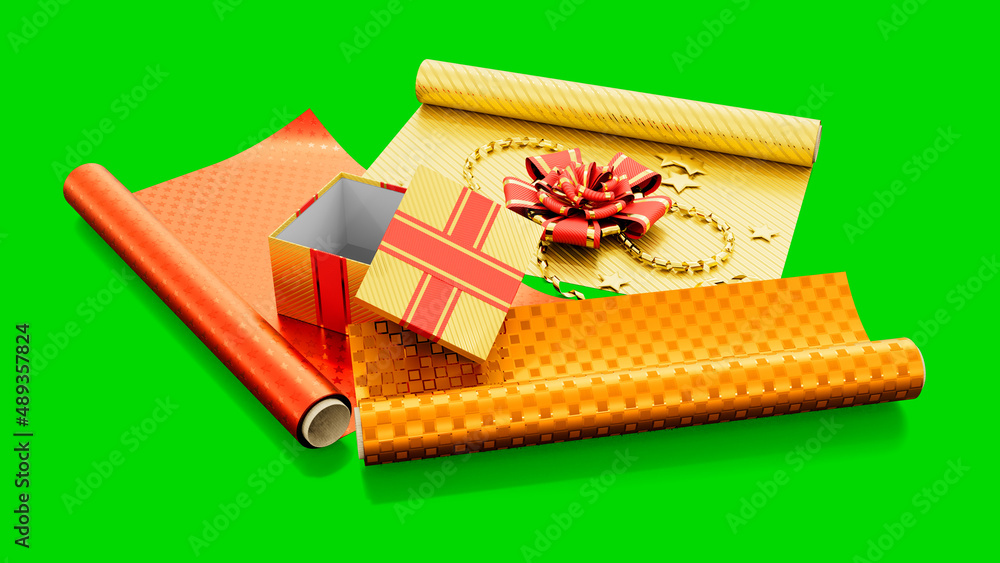 Poster gift wrapping and present on green screen, isolated - object 3d rendering