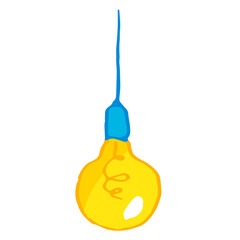 drawing of a round yellow light bulb with an incandescent filament spiral inside. electric lamp icon painted in the style of doodles, Bright yellow round-shaped light bulb hanging down on a blue wire