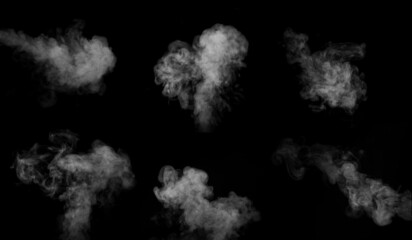 A set of six different types of swirling, writhing smoke, steam isolated on a black background for overlaying on your photos