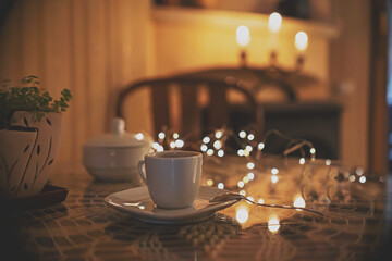 romantic wooden coffee table. Restaurant interior and holiday home decor concept. Toned picture
