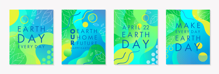 Fototapeta na wymiar Set of Earth Day posters with green gradient backgrounds,liquid shapes,linear leaves and geometric elements.Earth Day layouts perfect for prints, flyers,covers,banners design.Eco concepts.