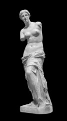 Plaster statue of Venus Milo. Beautiful woman Aphrodite sculpture solated on black background with...