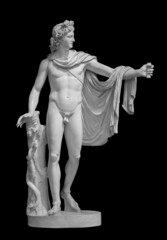 God Apollo sculpture. Ancient Greek god of Sun and Poetry Plaster copy of a marble statue isolated on black with clipping path