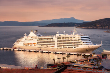Luxury cruiser in the Mediterranean harbour in the evening's golden hour