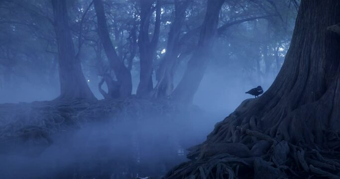 A duck rests at dawn on the huge and pronounced roots of trees that emerge from a lake.
Un pato descansa de madrugada sobre las enormes y pronunciadas ra&iacute;ces de &aacute;rboles que emergen de un lago.