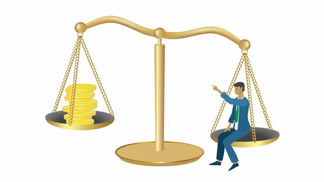Man and money on weightscale. Vector illustration.