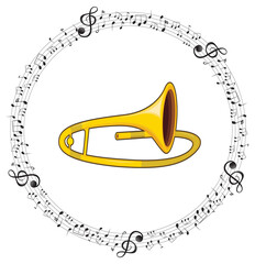 A sousaphone with musical notes on white background