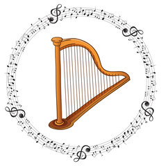 A classic harp with musical notes on white background