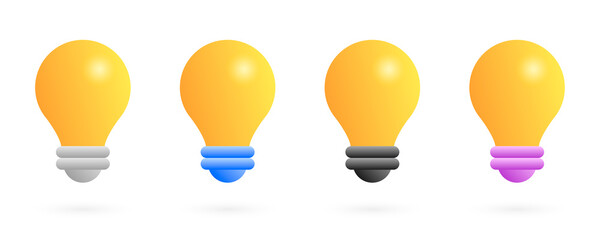 Set of 3D realistic light bulb icons. Idea concept. Light bulbs isolated on white background. Vector illustration
