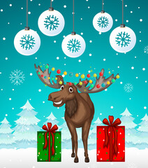 Christmas poster design with moose on snowy background