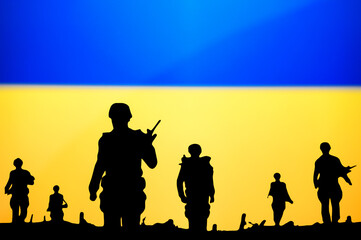 Fototapeta na wymiar War in Ukraine. Russia attack Ukraine. Illustration Photo. Silhouette of Soldiers, National Flag in Background. Conflict in Europe