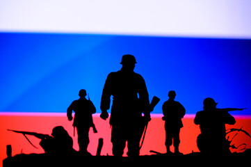 War in Ukraine. Russia attack Ukraine. Illustration Photo. Silhouette of Soldiers, National Flag in...