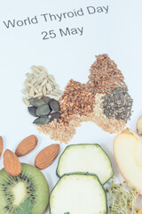 Natural ingredients in shape of thyroid and inscription World Thyroid Day 25 May. Best food for healthy thyroid