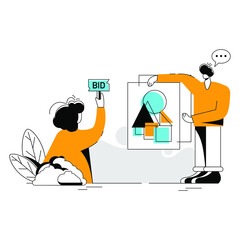 NFT Art Auctio Flat Illustration concept, color green, yellow, black, minimal modern line style, can be used for landing page, web, UI, banner, template, background, web development