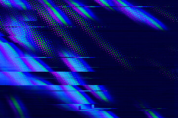 Abstract blue, green, purple background with interlaced digital glitch and distortion effect. Futuristic cyberpunk design. Retro cyber aesthetic, webpunk, rave 80s 90s cyberpunk techno neon halftone © Aleksandra Konoplya