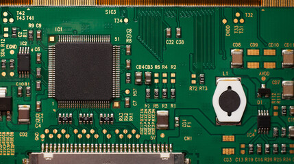 Macro photo of a green computer printed circuit board with selective focus on an blank chip