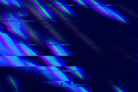 Abstract blue, green, purple background with interlaced digital glitch and distortion effect. Futuristic cyberpunk design. Retro cyber aesthetic, webpunk, rave 80s 90s cyberpunk techno neon halftone