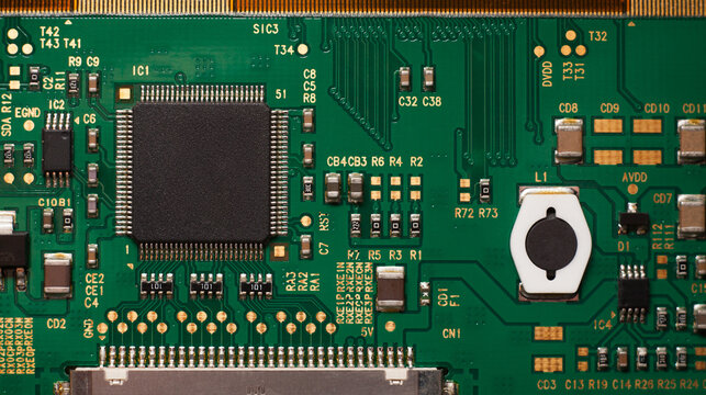 Macro Photo Of A Green Computer Printed Circuit Board With Selective Focus On An Blank Chip