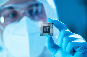 The scientist works in a modern scientific laboratory for the research and development of...