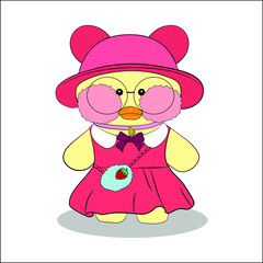 Yellow duck in clothes and glasses. Popular soft toy yellow duck lalafanfan in a dress and hat with a handbag and glasses