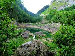 Scenic view of the Black lake, Komarca or Crno jezero in Triglav lakes valley in Triglav national...