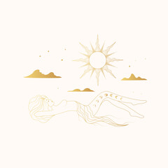 The graceful goddess lies against the background of the starry sky, the sun and clouds. Golden celestial hand drawn vector illustration for greeting card or poster.