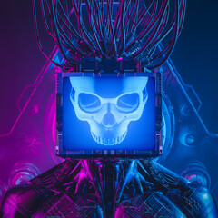 Artificial intelligence monitor head skull - 3D illustration of science fiction robot with glowing computer display face - 489361868