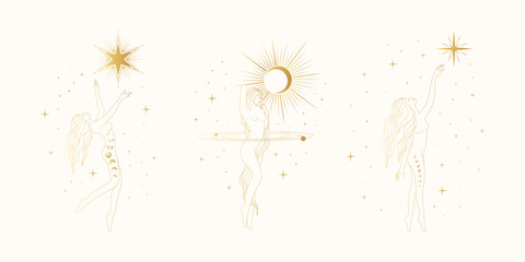 Celestial women vector boho illustrations. Golden set of  goddesses against the backdrop of the starry sky and  solar eclipse. Line art design elements for feminine astrology card template or poster.