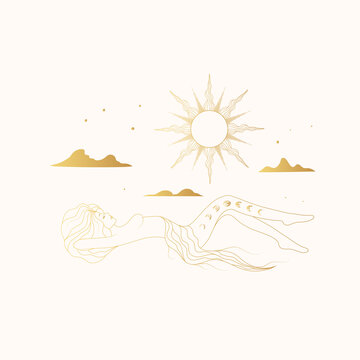 The graceful goddess lies against the background of the starry sky, the sun and clouds. Golden celestial hand drawn vector illustration for greeting card or poster.