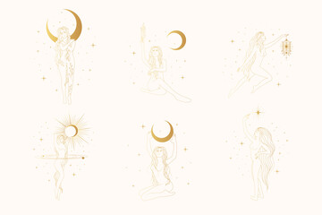 Celestial women vector boho illustrations. Golden set of  goddesses against the backdrop of the starry sky, solar eclipse, moon  and the sun. Line art elements for feminine esoteric card or poster. 